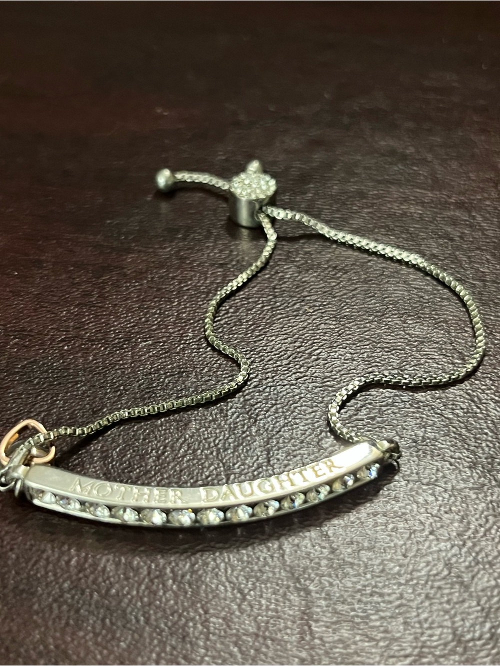 Silver Mother Daughter Bar Necklace with Crystal Accents